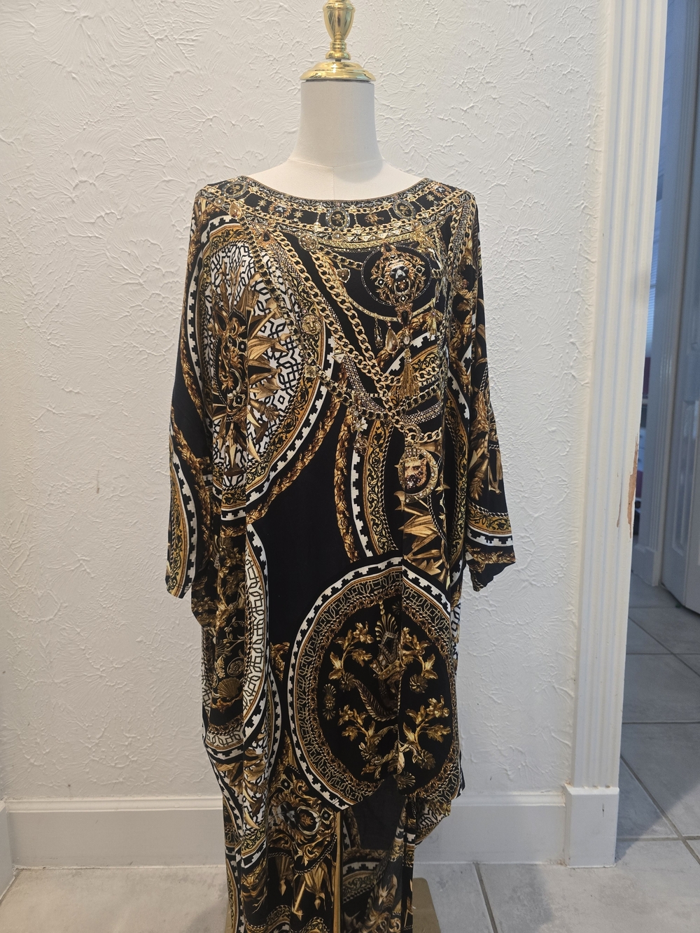 CAMILLA Black Gold Embellished Batwing Maxi Dress Kaftan O/S